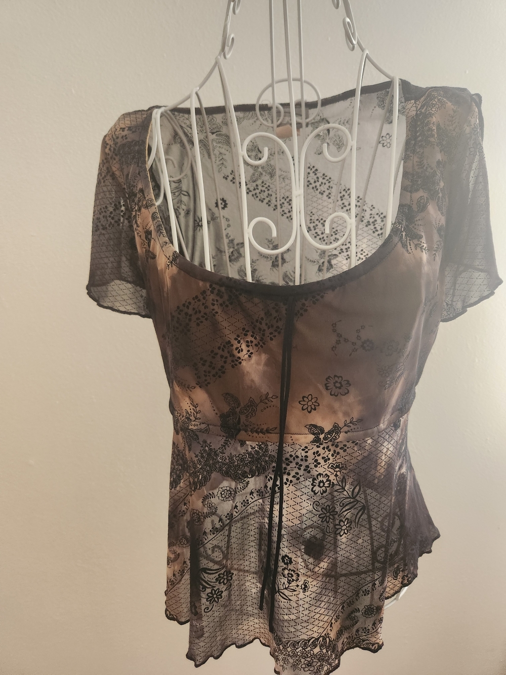Vintage Y2K Rave Mesh Fairycore Whimsigoth Babydoll Top Floral Brown XL